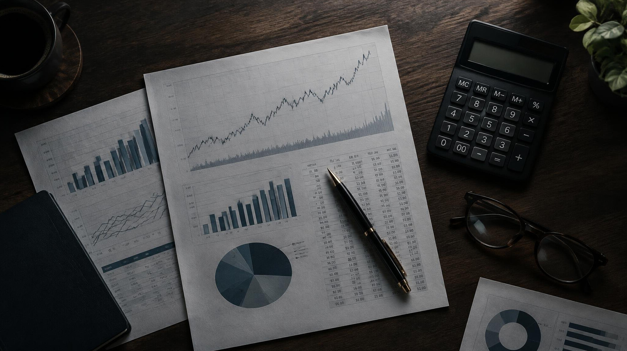Overhead view of printed financial reports, a pen and a calculator on a table