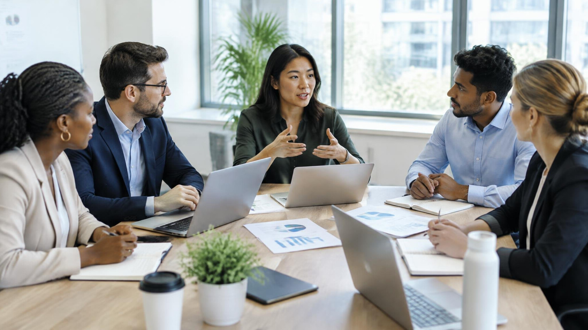 Group of professionals in a meeting around a table with laptops and documents
