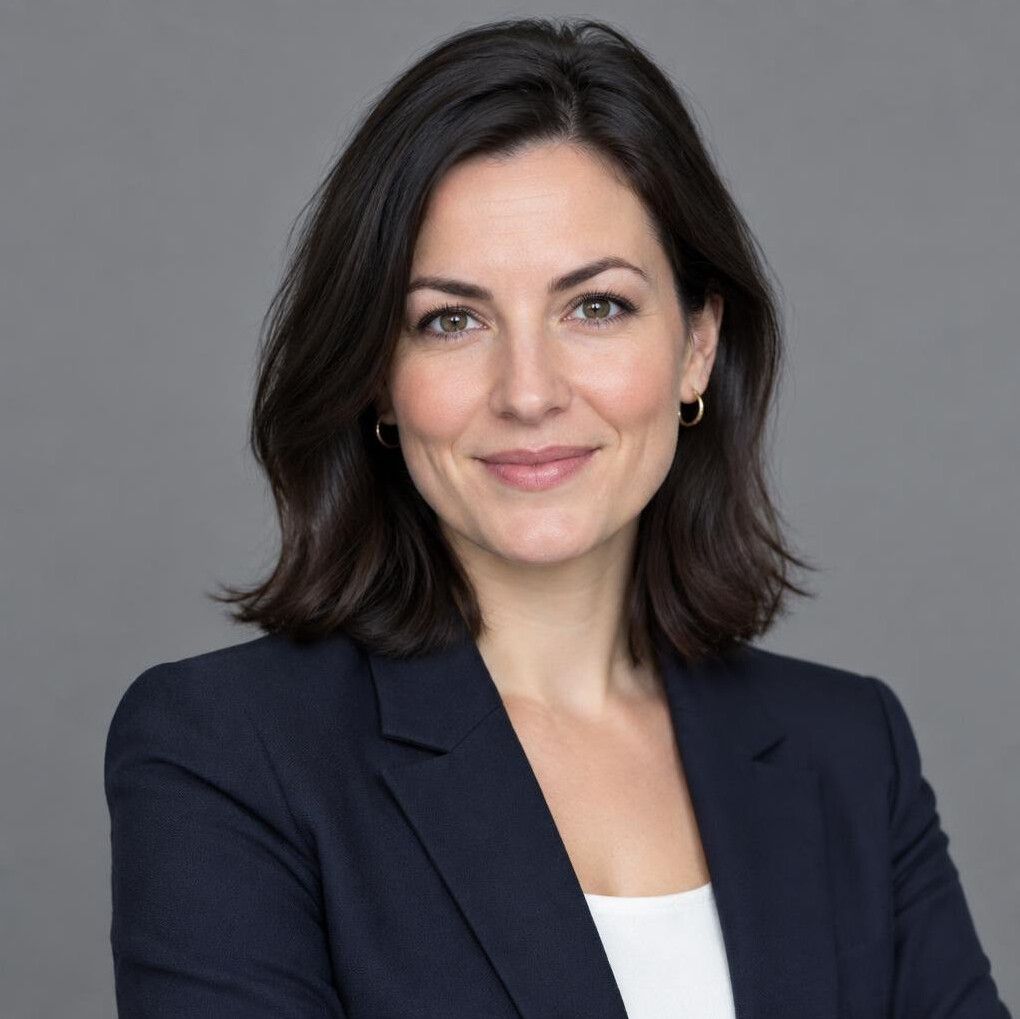Studio portrait of a white woman in her thirties with dark hair wearing a blazer